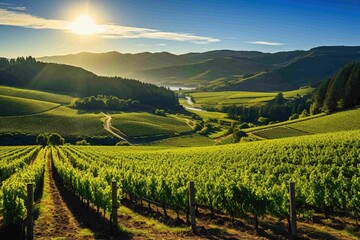Scenic view of rolling vineyards bathed in sunlight, with a clear blue sky above - obrazy, fototapety, plakaty