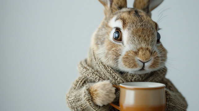rabbit Easter bunny wearing clothes drinking coffee in cafe on white background.