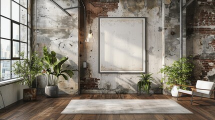 Modern loft space with large empty frame on a concrete wall, comfortable armchair, and vibrant green plant, with cityscape view through large windows. - Powered by Adobe