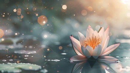 Dreamy image of a white lotus flower with a soft glow against a magical, bokeh light background, conveying a sense of peace and mysticism. Vesak day background, space for text - obrazy, fototapety, plakaty