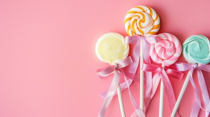 Colorful swirl lollipops with elegant bows against a pink backdrop, perfect for occasions celebrating joy and sweetness.