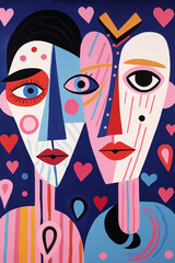 Curious partners with hearts in expressionist, abstract and contemporary style. Caricature faces and playful juxtapositions mixing of masculine and feminine elements. Love and relationships.
