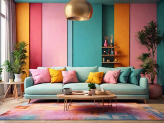 Pop art interior design of modern living room with colorful upholstered mid-century furniture