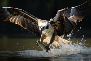 Osprey emerging from water, talons clutching fish