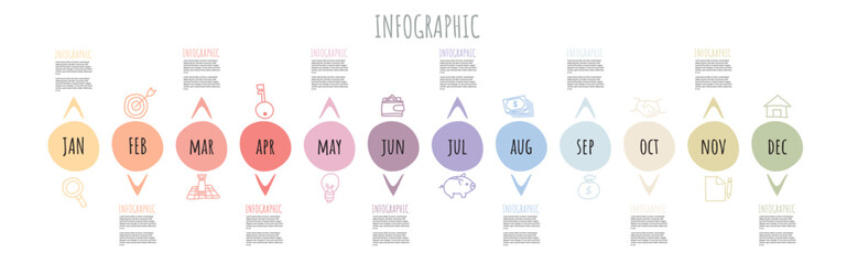 Timeline hand drawn for 1 year, 12 months. Doodle infographics all month planner and Presentation business. Infographic vector.