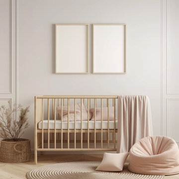 Frame Mockup in Baby Room. Empty Place for your Art for Playroom for Children. Interior in Boho Style with Natural Textures. Kid Bedroom Wall Art. 3d Generated Product Placement for Newborn.