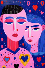 Strange couple with hearts in expressionist, abstract and contemporary style. Caricature faces and playful juxtapositions mixing of masculine and feminine elements. Love and relationships.