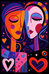 Unique partners with hearts in expressionist, abstract and contemporary style. Caricature faces and playful juxtapositions mixing of masculine and feminine elements. Love and relationships.