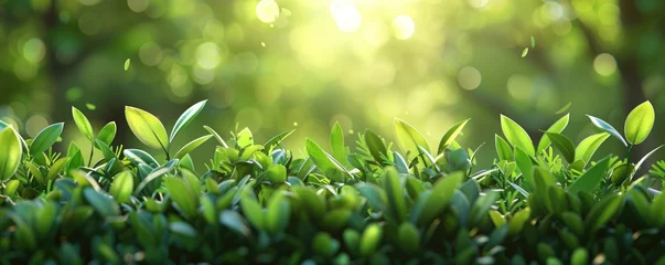 Papier Peint photo Herbe A fresh spring sunny garden background of green grass and blurred foliage bokeh  