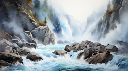 Rushing through a rugged rocky gorge, powerful water rapids cascade with force, while mist rises amidst the towering cliff walls, adding to the dramatic spectacle.