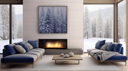 Minimalist Winter Living Room with Panoramic Snowy Mountain View and Modern Blue Couch