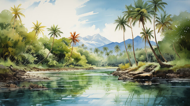 Captured in an impressionistic watercolor painting, a lush tropical island unfolds, adorned with swaying palm trees and embraced by the gentle embrace of turquoise waters.
