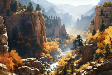 Panorama of a sunlit canyon with autumn foliage contrasting the rocky landscape