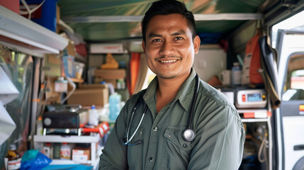 A doctor volunteering in a mobile clinic, providing medical care to underserved rural communities with limited access to healthcare — caring and love, mercy and kindness, happiness - obrazy, fototapety, plakaty