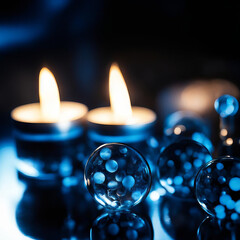 Lighted candles on a blue background.