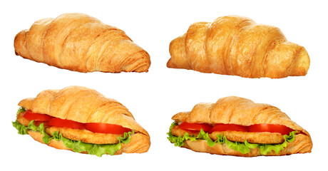 Set of Big Fresh Croissants and Croissants with vegetables and chicken meat, isolated on transparent background