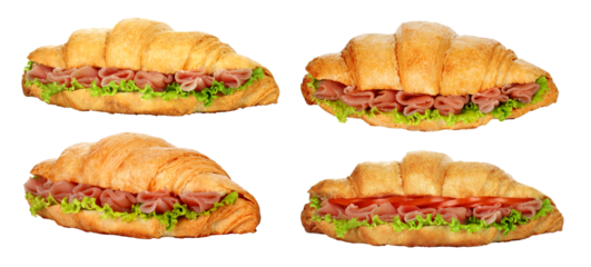 Set of Big Croissants with green salad and raw meat, isolated on transparent background