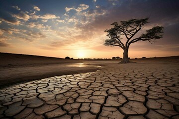 Parched riverbed with a lone tree silhouette - obrazy, fototapety, plakaty