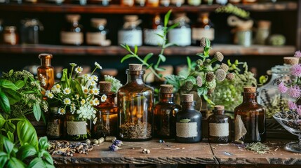 Homeopathic shop with herbs and tinctures. Immerse yourself in the world of natural medicine as you explore our shop, brimming with herbs and tinctures for your health. - obrazy, fototapety, plakaty