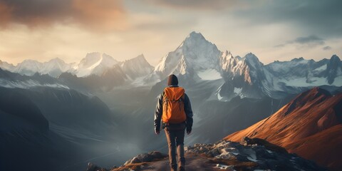 Adventurous hiker enjoys breathtaking mountain peak while exploring the wonders of nature. Concept Hiking, Nature Exploration, Mountain Peaks, Adventure, Appreciating Nature