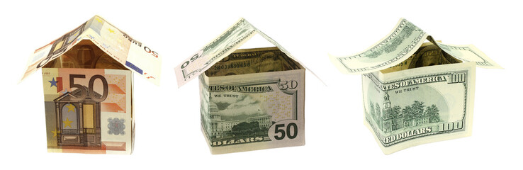 Set of Euro and US Dollars Houses, isolated on transparent background, banking and sales concept