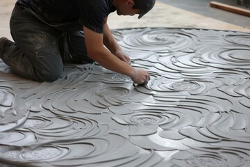 Fototapeta na wymiar Patterns in wet cement as it's being smoothed, showcasing the fluidity before setting