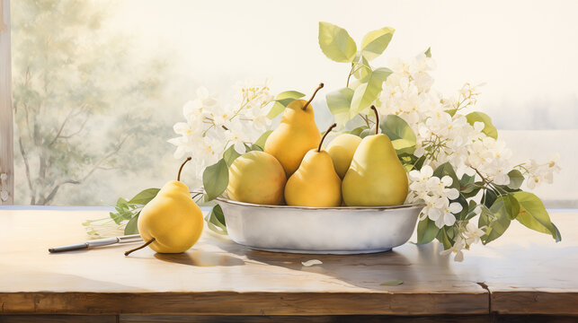 A watercolor artwork brings to life the simplicity and beauty of a bowl of ripe pears resting on a rustic table, evoking a sense of peace and appreciation for nature's bounty.