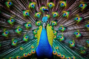 Peacock displaying its magnificent, colorful feathers