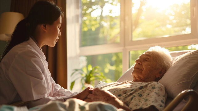 A doctor providing compassionate end-of-life care to a terminally ill patient, offering comfort and dignity in their final moments — caring and love, mercy and kindness, happiness