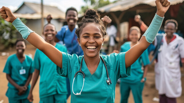A medical team celebrating the successful implementation of a new telemedicine program, expanding access to healthcare services for remote communities &mdash; caring and love, mercy and