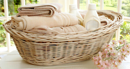 Fototapeta premium Clean linen and clothes are folded in a washing basket. A basket of clean clothes, a visual representation of order