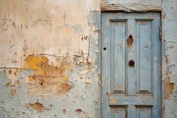 Peeling paint on an old wooden door