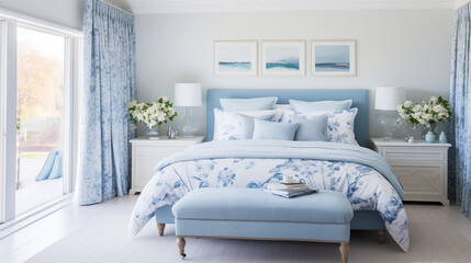 Jasna przytulna błękitna sypialnia w stylu hampton - mockup obrazu na ścianie. Niebieskie,...