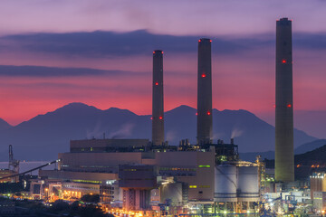 Power plant in Hong Kong city at dusk - obrazy, fototapety, plakaty