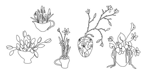 Flower arrangement vector illustration. Set bunch of flowers in vase, bowl, pot. Floral design, trendy interior bouquet. Art of arranging blooms, branch. Tulips, magnolia, daffodils, orchid, callas 