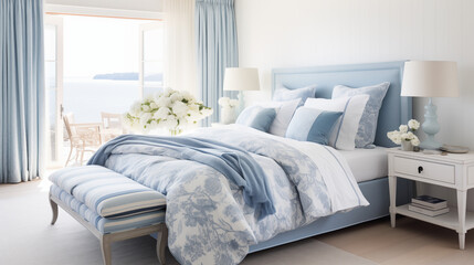 Jasna przytulna błękitna sypialnia w stylu hampton - mockup obrazu na ścianie. Niebieskie, błękitne i białe kolory wnętrza. Render 3d. Wizualizacja - obrazy, fototapety, plakaty