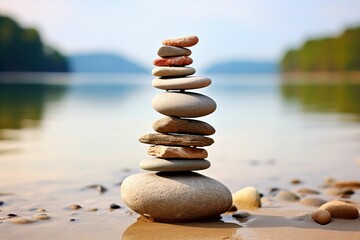 Perfectly stacked stones on the shore, forming a natural zen garden