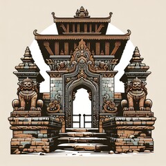 A close-up depiction of a weathered stone entrance gate to a Nepali temple, adorned with intricate carvings and guardian statues.
