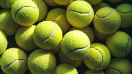 Top view a pile of tennis balls, green colors. Sport and active concept. AI Generated - obrazy, fototapety, plakaty