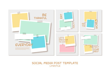 Naklejka na ściany i meble Social media post templates set for business, vector illustration on background. Square posts layouts for personal blog.