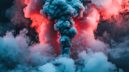 Vivid Turquoise and Red Smoke Plumes Against a Dark Background