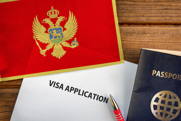 Visa application form, passport and flag of Montenegro
