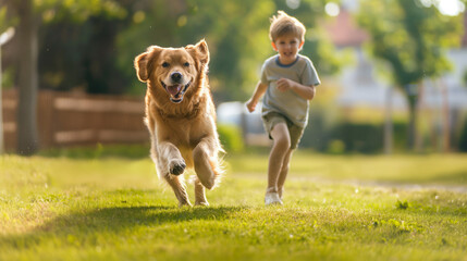 kid boy play with fun with cute dog, pet, run together on grass in playground as happiness and playful in summer with background of home