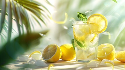 Tropical lemonade glass on a sunny day with palms - Dreamy image of a lemonade glass on a table, surrounded by a tropical scene with lemon slices and ice cubes - obrazy, fototapety, plakaty