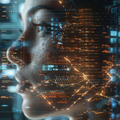 AI in image cybernetic anthropomorphic woman working with matrix data on virtual interface. head or face of artificial intelligence with mind looking at information and teaching neural ai technology