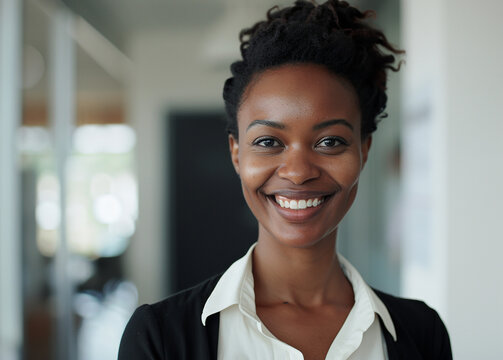 A businesswoman with a black blazer and white shirt is smiling, generative ai