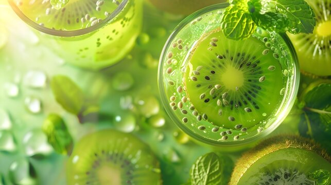 Kiwi fruit juice with mint in a transparent glass - An enticing image of fresh kiwi fruit juice garnished with mint leaves, showcasing the kiwi slices inside a dewy glass