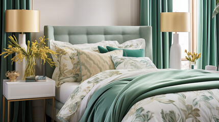 Jasna przytulna sypialnia w stylu glamour - mockup obrazu na ścianie. Zielone, szmaragdowe i...