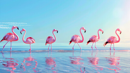 Flock of Flamingos Standing in Shallow Water - A serene scene depicting a group of elegant pink flamingos wading through calm waters with a reflection under a clear sky