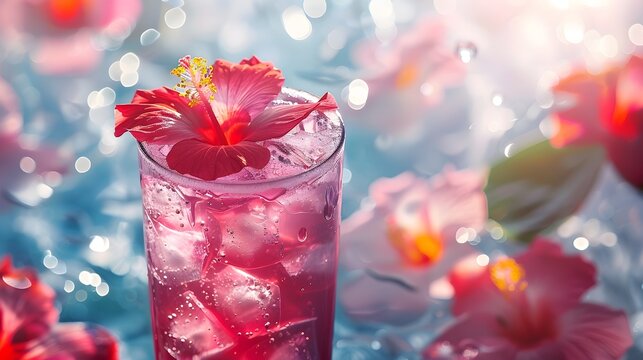 Glass of iced hibiscus tea among flowers - An exquisite image of iced hibiscus tea among blooming flowers, glistening with dew under soft light